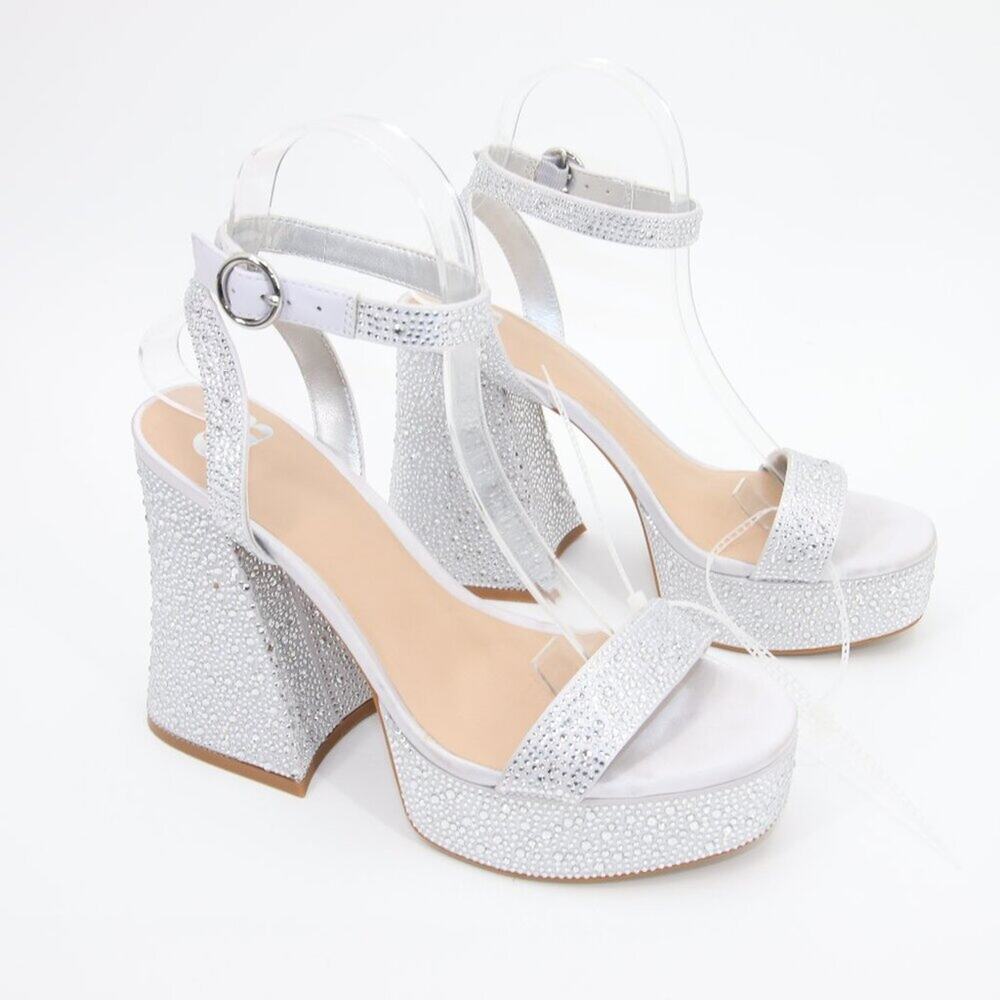 GB Heels Silver Rhinestone Platform Sandals Chunky Embellished Ankle Strap 9.5